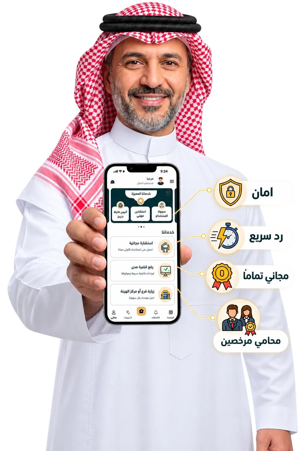 مستخدم يعرض تطبيق استشارتي، محاط بأربع مزايا: أمان، رد سريع، مجاني تمامًا، محامي مرخصين